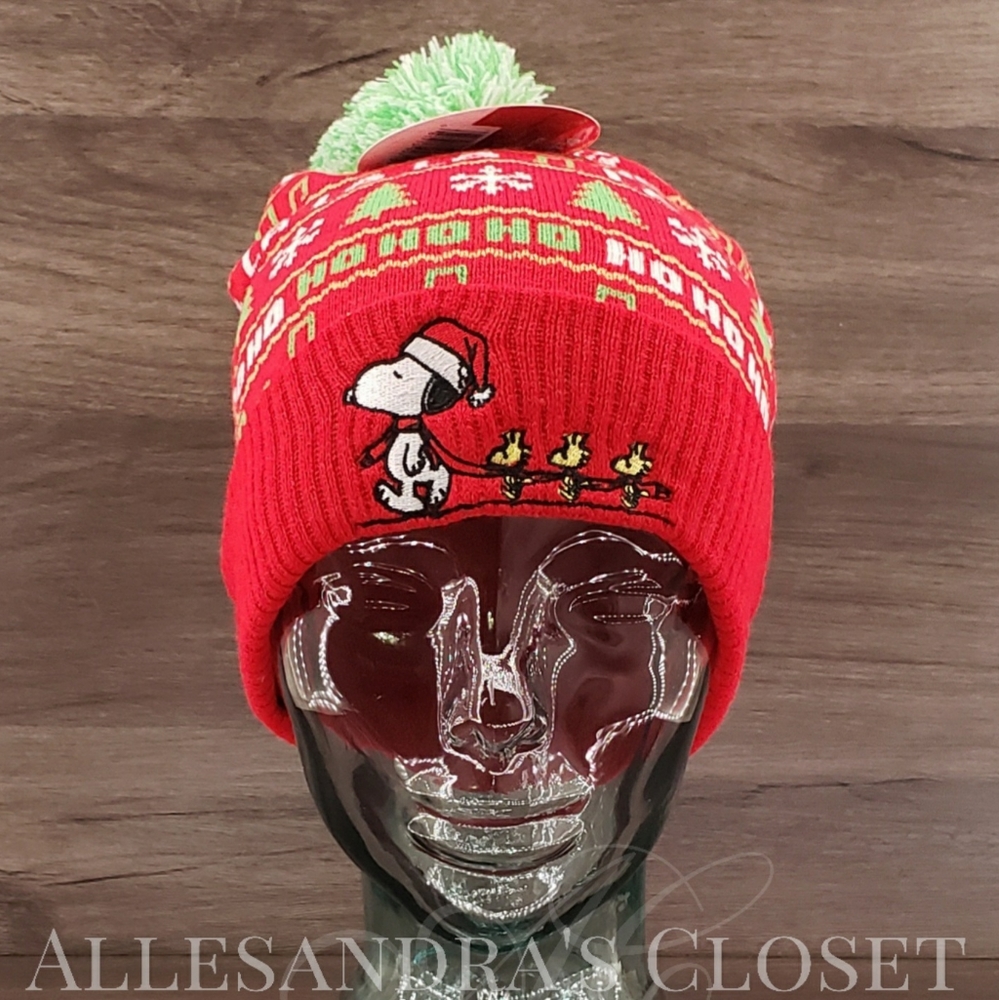 Peanuts Hat Beanie Snoopy Woodstock Red Green Christmas Knit Berkshire Fashions